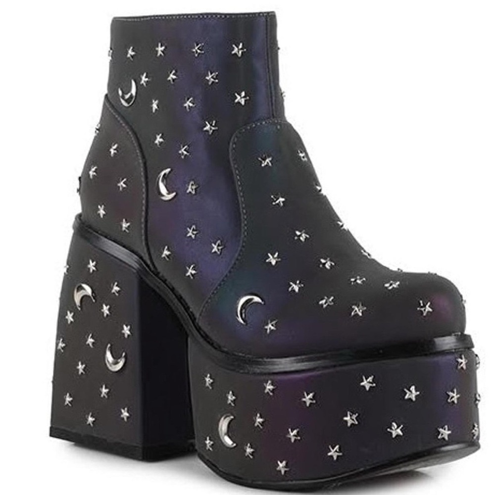 Dolls Kill YRU Reflective Moon and Star Studded Platform Boots